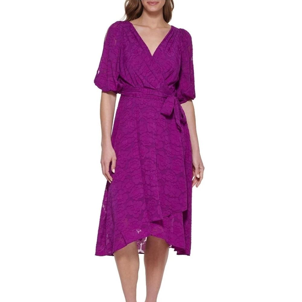 Purple Split Sleeve Chiffon Faux Wrap Dress With Sash Size 14 DKNY BNWT